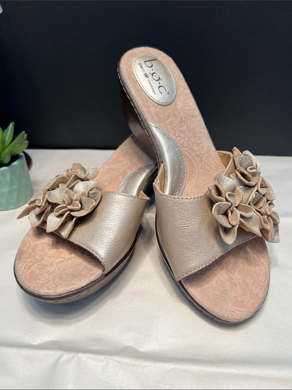 BOC Tan Floral Appliqué Leather Slip-On Wedge Sandal